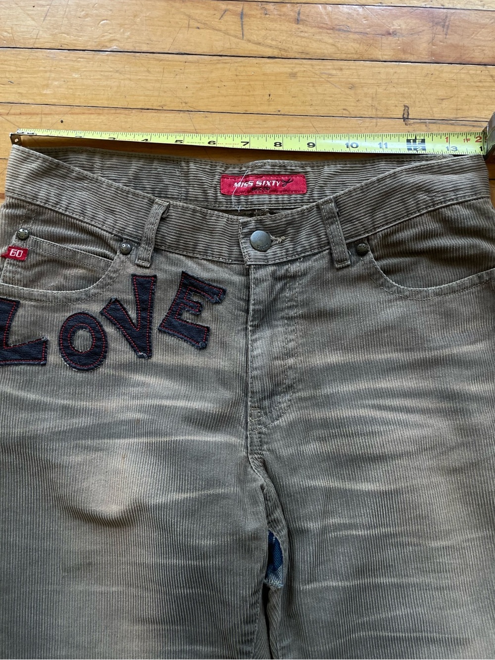 Y2K Miss Sixty Vintage Patchwork Love Flare Corduroy Jeans 26 Euro Hippy - Picture 12 of 16